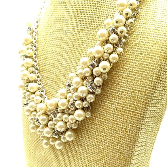 Rhinestone & Faux Pearl Cluster Bib Necklace on Silver-tone Chain - Picture 6 of 15
